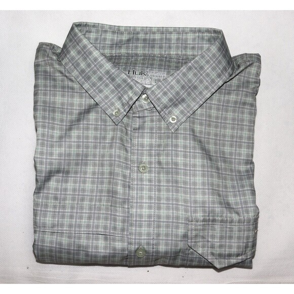 Huk Tide Point Performance Men's Long Sleeve Button Down Gray Shirt‎ Size Large - Picture 8 of 10